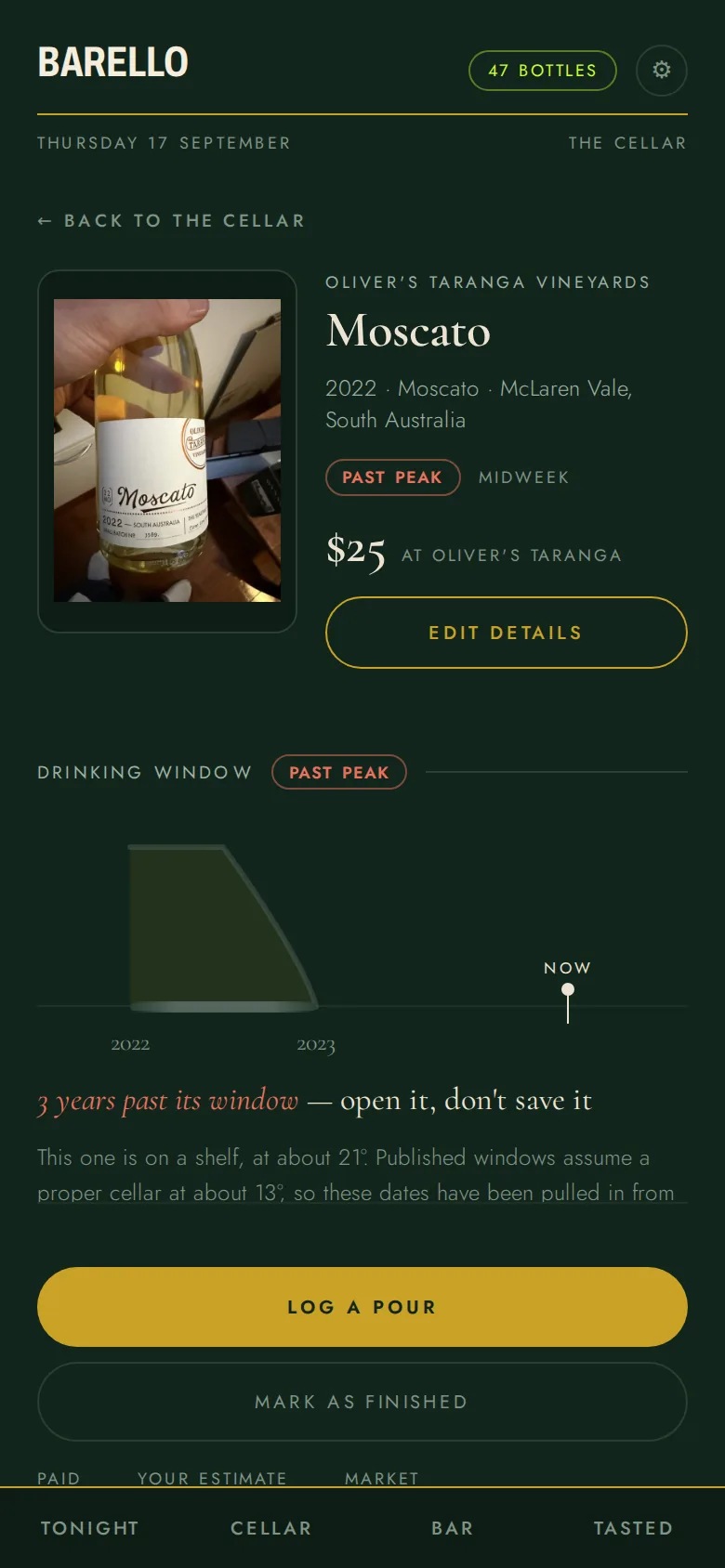 A bottle page for a Moscato: the drinking window drawn as a shape, marked past peak, with the sentence 'three years past its window, open it, don't save it'.