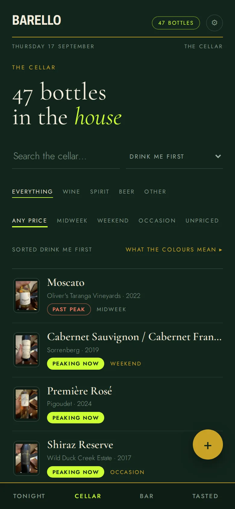 The Cellar screen: 47 bottles sorted drink-me-first, with filters for type and price band.