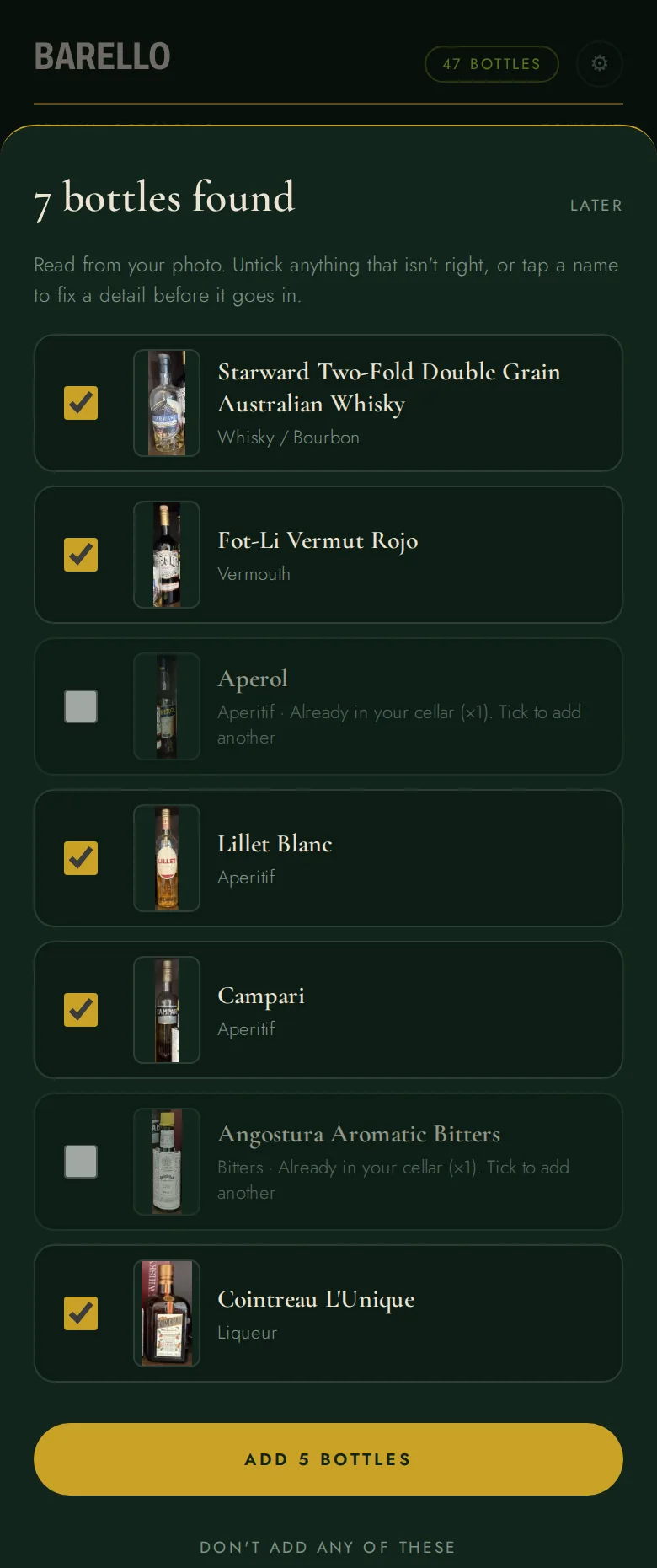 Barello's list of the bottles it read from one photo of a bar shelf. Each has its own picture and a tick, and one button adds them all.